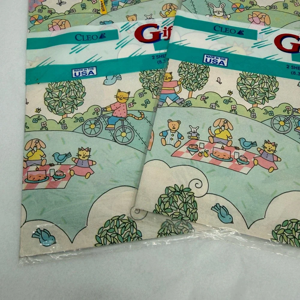 Cleo Gift Wrap Wrapping Paper Sheets Pastel Animal Kids Picnic VTG Lot of 2